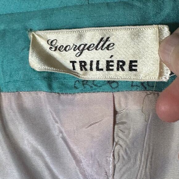 Vintage 1950s Silk Shantung Dress and Jacket Set Blue Green Georgette Trilère - Picture 8 of 16